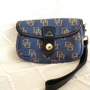 Dooney & Bourke Navy and Gold Monogram Denim Wristlet